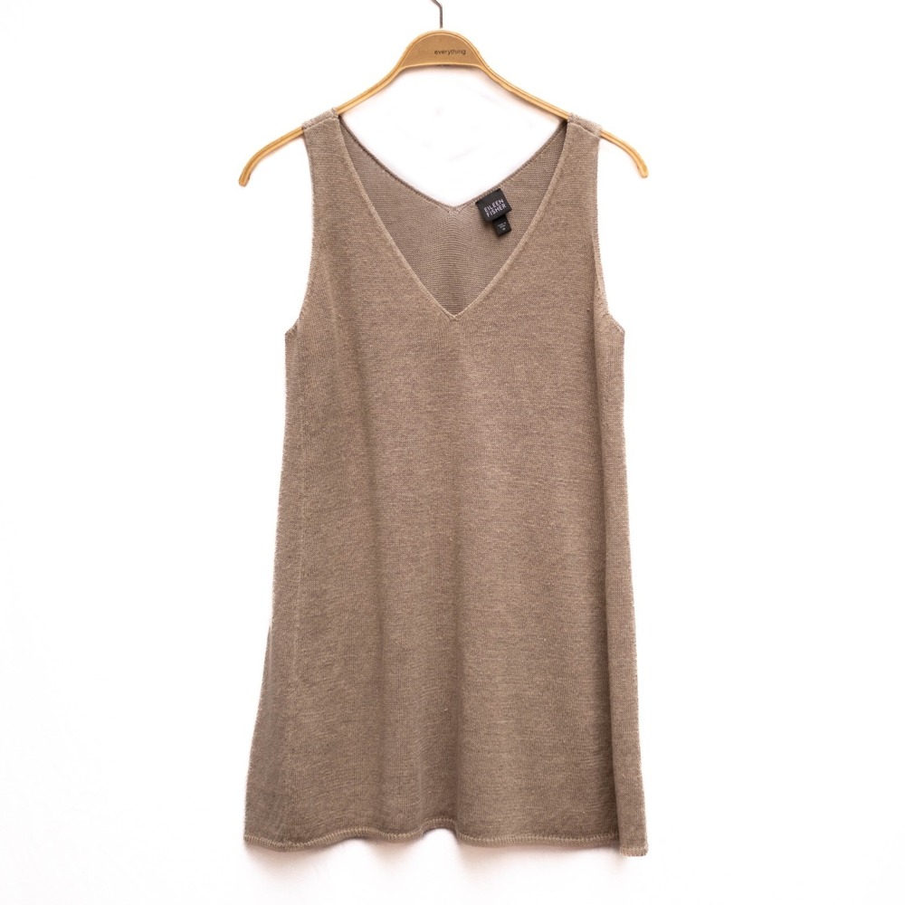 Eileen Fisher Linen Knit Short Popover Dress M Tan Neutral Lagenlook Oversized